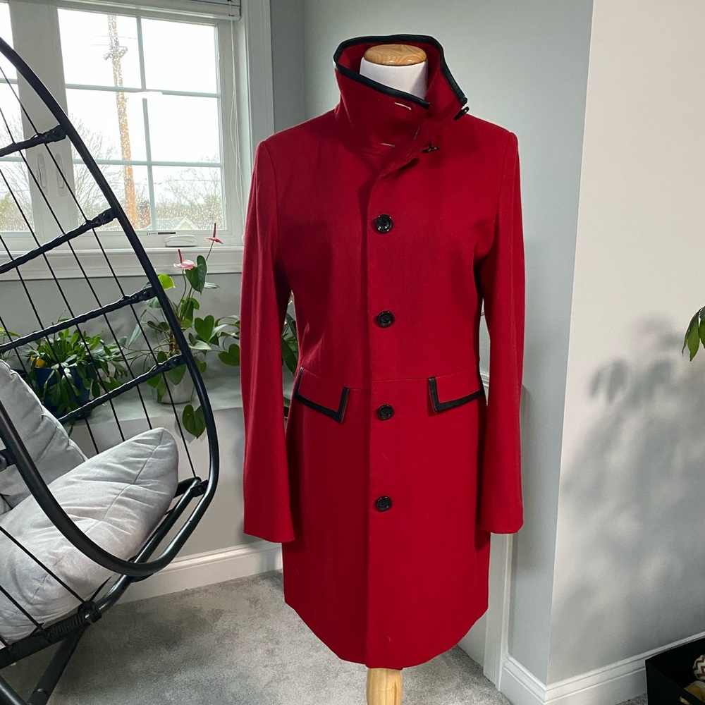 Holiday Best, leather trimmed red winter coat